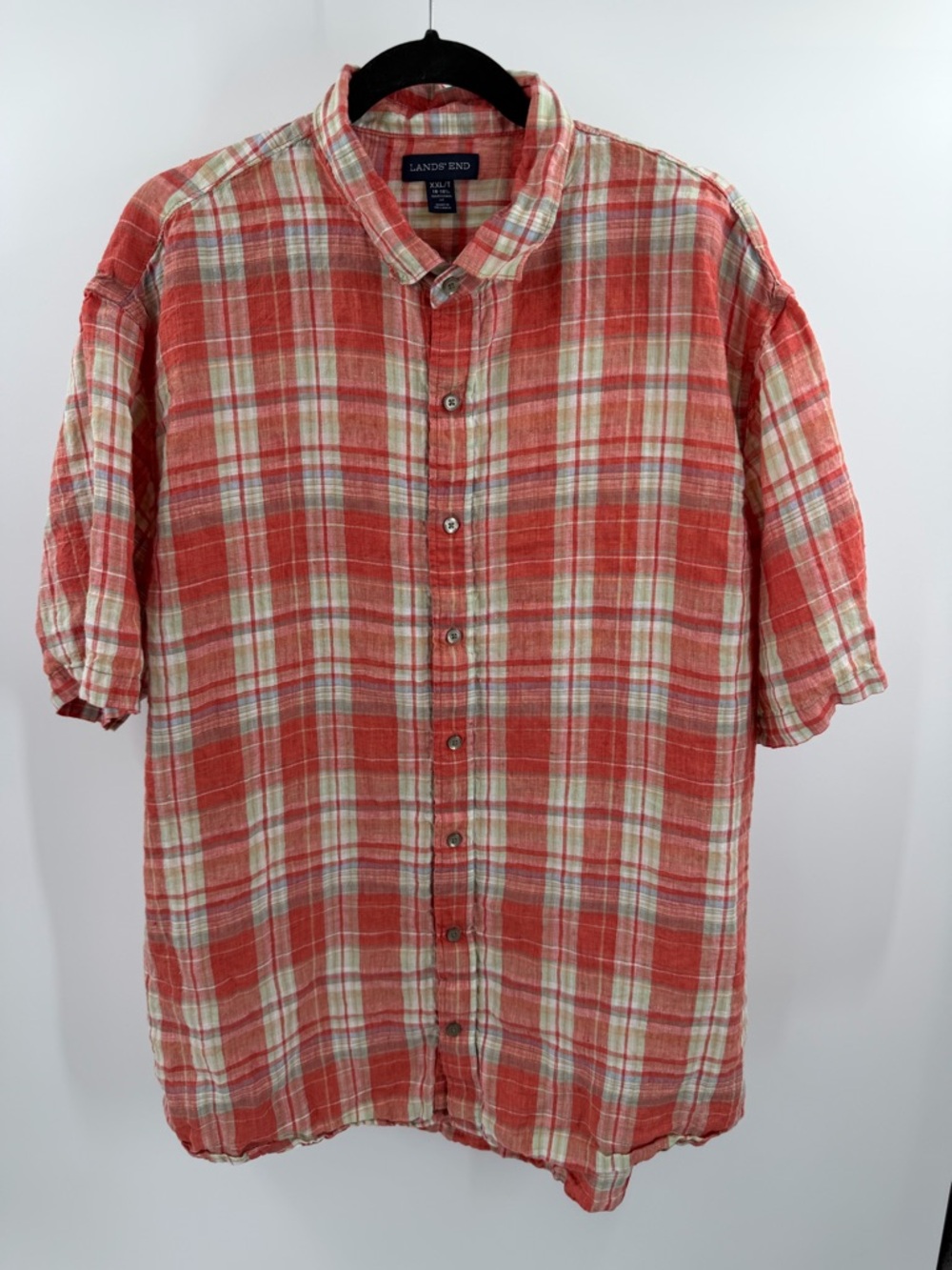Lands' End Men's Red  Cream Plaid Short-Sleeve Button-Down Shirt 100% Linen XXLT